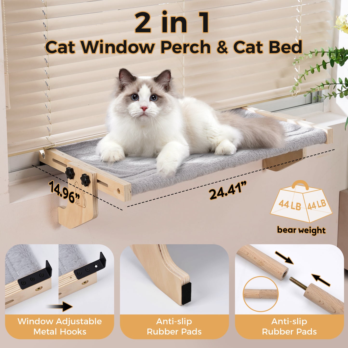 Tensea 2 In 1 Cat Window Perch & Cat Bed with Plush Bed Cover Hold up to 40lbs,Adjustable Cat Hammock for Large Cats,Cat Window Seat for Windowsill,Bedside,Drawer,Cabinet