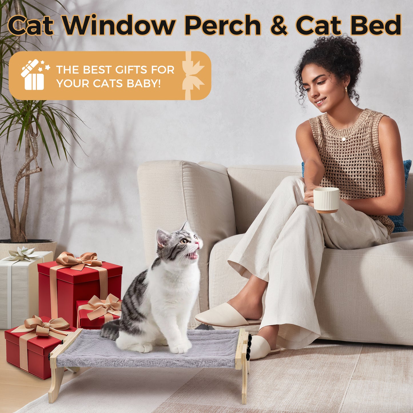 Tensea 2 In 1 Cat Window Perch & Cat Bed with Plush Bed Cover Hold up to 40lbs,Adjustable Cat Hammock for Large Cats,Cat Window Seat for Windowsill,Bedside,Drawer,Cabinet