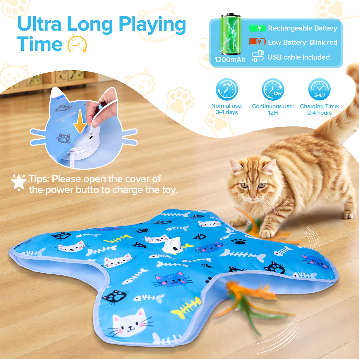 Tensea Cat Toys Rechargeable,Cat Toys for Indoor Cats,Hide and Seek Interactive Cat Toys,Moving Concealed Feathers,Motion Activated & 3 Working Mode