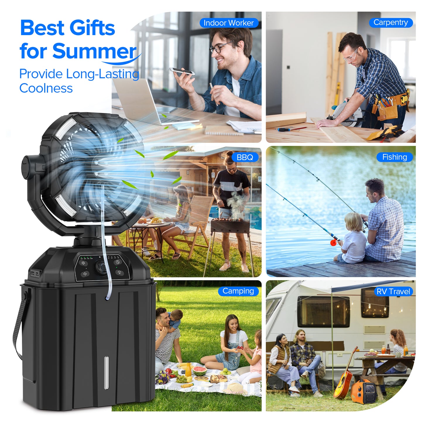 Tensea Cool Misting Fan Portable-6L Bucket,3 LED Light Camping Tent Fan with Mister,20000mAh USB Rechargeable Battery Powered Water Mister Fan for Outdoor & Indoor,Cvt Speed Fan Design & 4 Misters