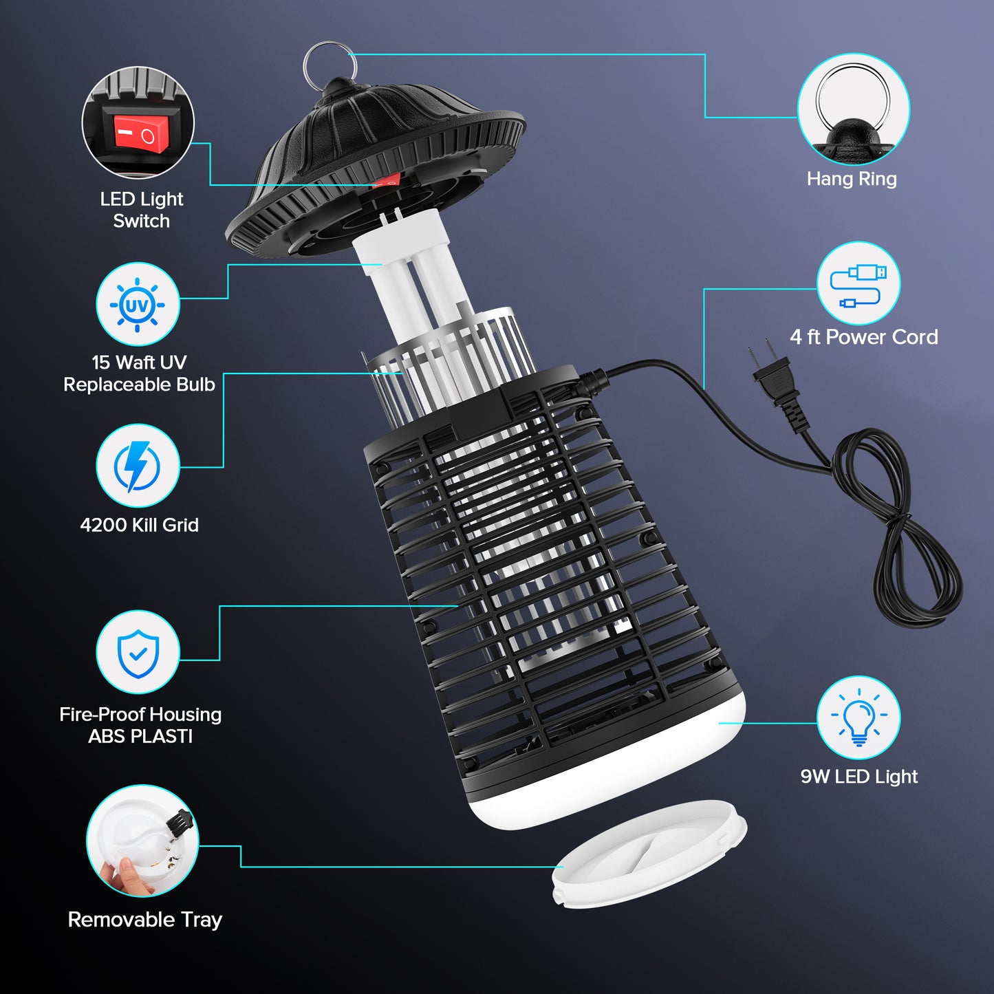 Tensea 4200V Bug Zapper Outdoor Indoor with LED Light, IPX4 Wterproof Mosquito Killer, Electric Fly Zapper, Plug in Mosquito Zapper in for Patio, Garden, Kitchen, Home