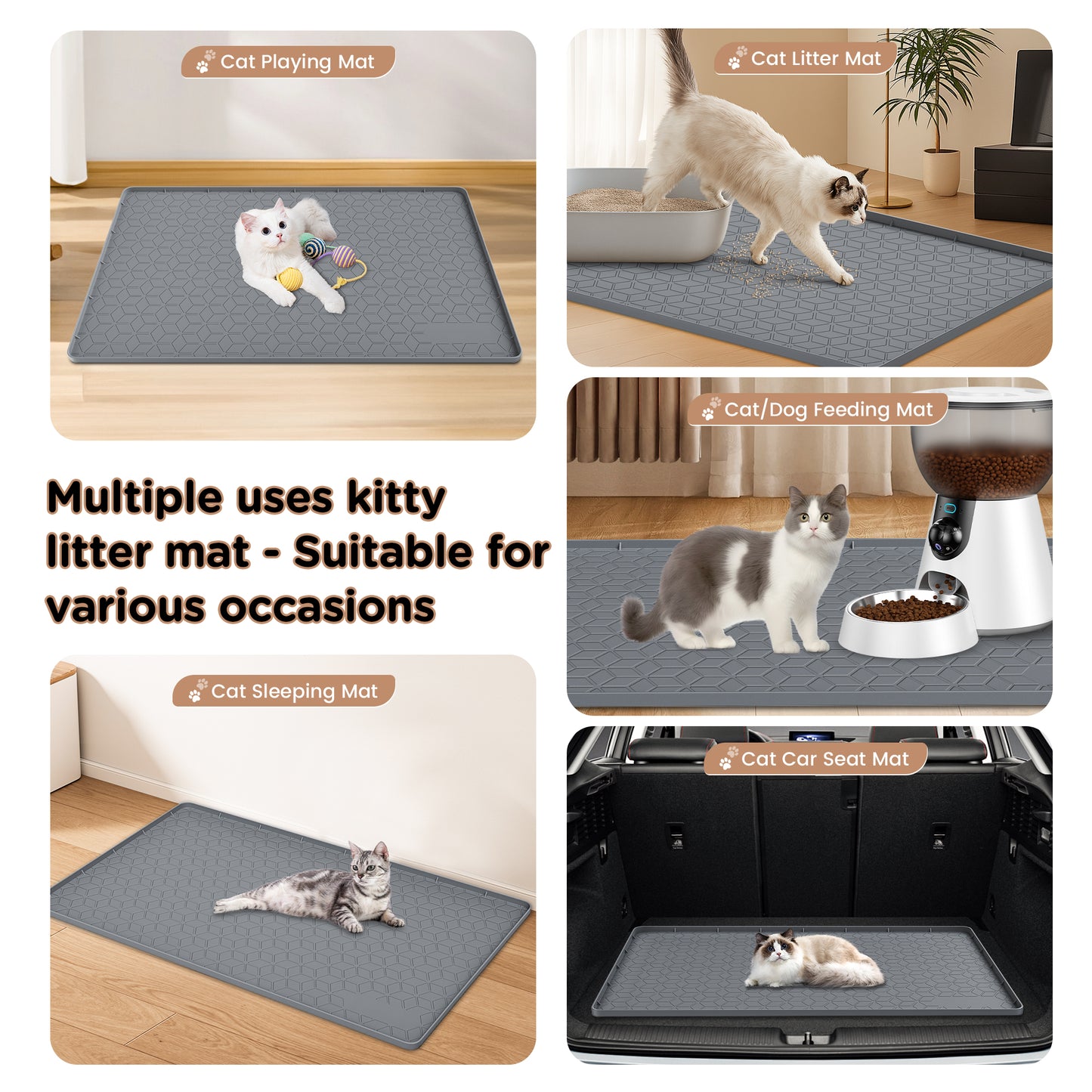 Tensea Cat Litter Mat Waterproof ,34"*23" Non-slip Silicone Large Cat Litter Mat,Cat Litter Box Mat for Litter Trapping,Easy to Store Kitty Litter Mat-Dark Gray