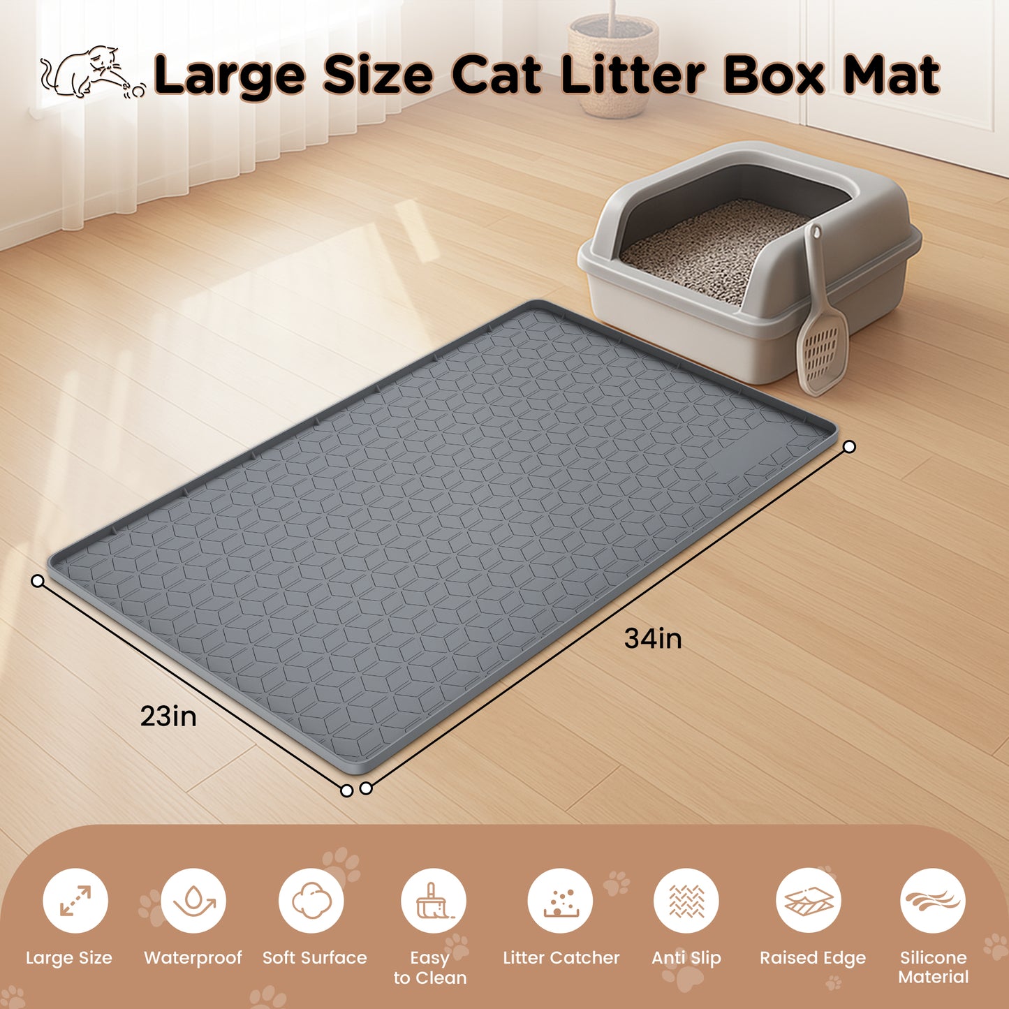 Tensea Cat Litter Mat Waterproof ,34"*23" Non-slip Silicone Large Cat Litter Mat,Cat Litter Box Mat for Litter Trapping,Easy to Store Kitty Litter Mat-Dark Gray