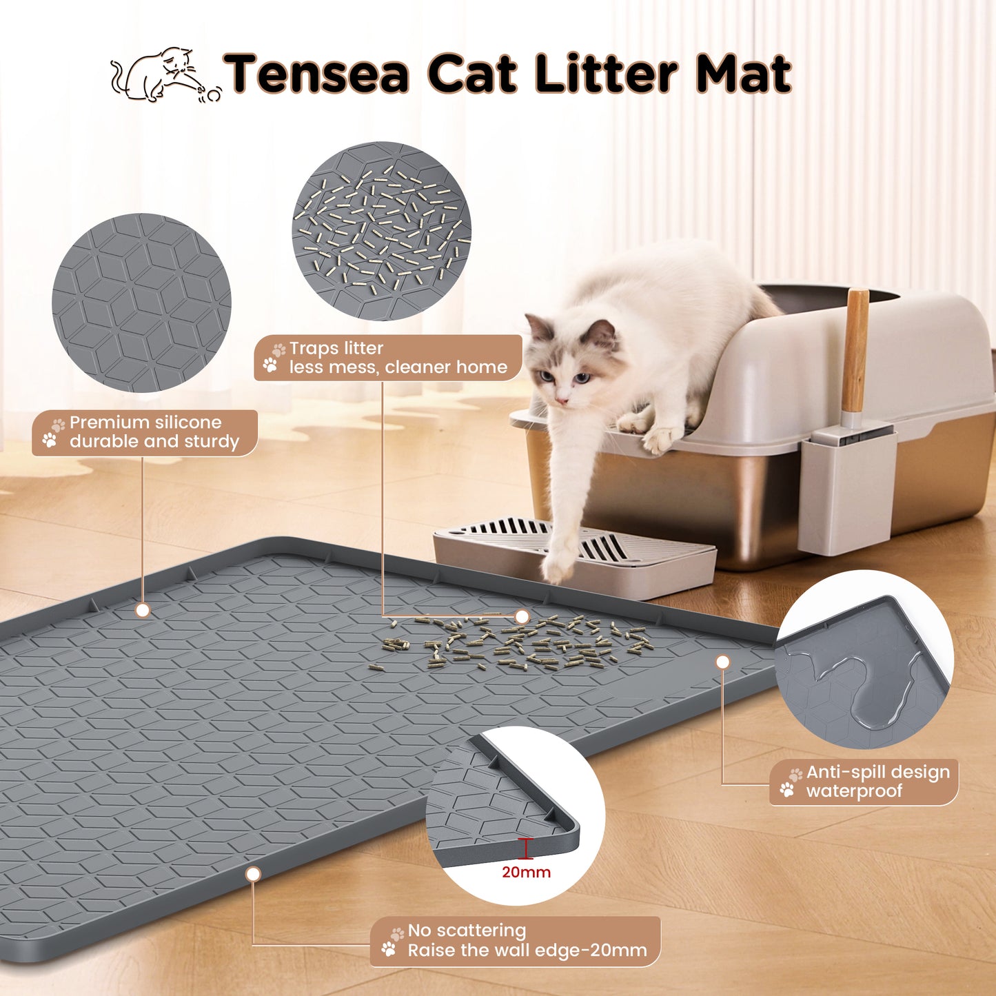 Tensea Cat Litter Mat Waterproof ,34"*23" Non-slip Silicone Large Cat Litter Mat,Cat Litter Box Mat for Litter Trapping,Easy to Store Kitty Litter Mat-Dark Gray