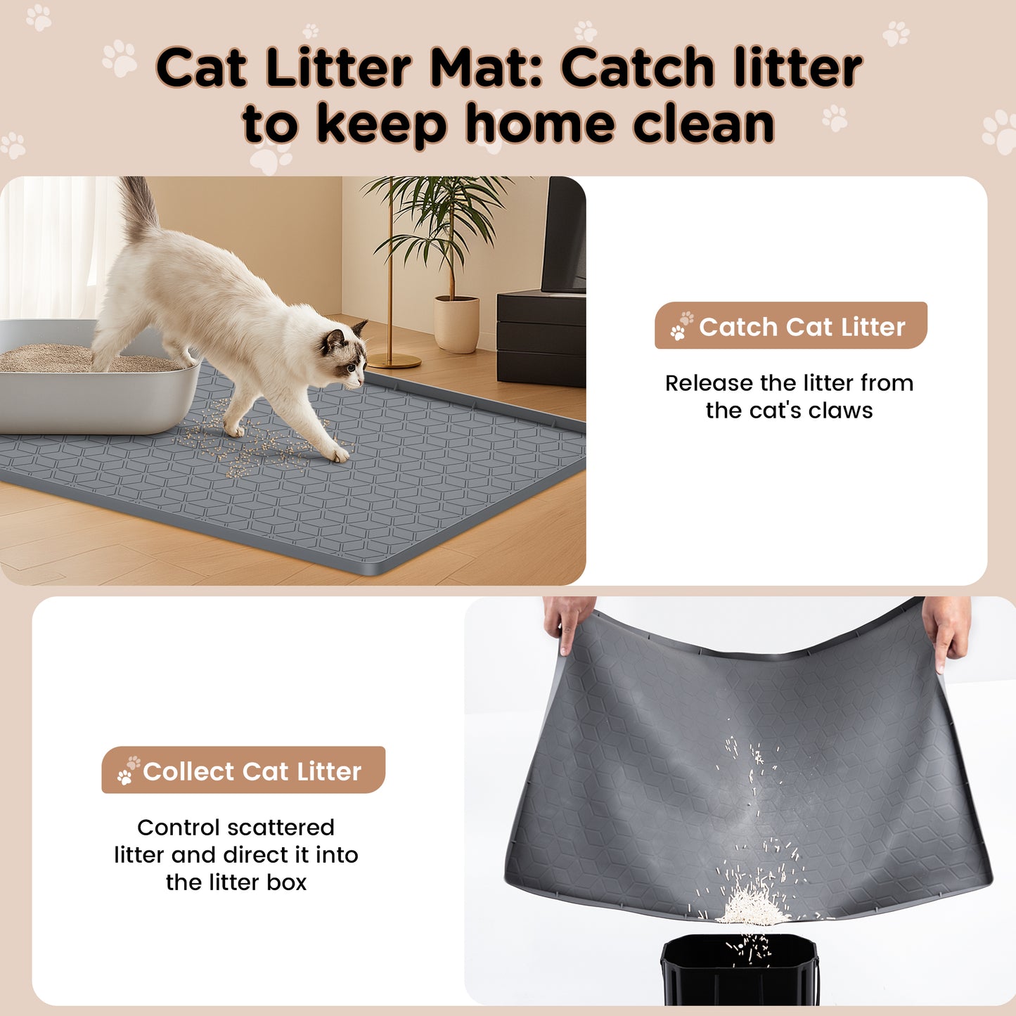 Tensea Cat Litter Mat Waterproof ,34"*23" Non-slip Silicone Large Cat Litter Mat,Cat Litter Box Mat for Litter Trapping,Easy to Store Kitty Litter Mat-Dark Gray