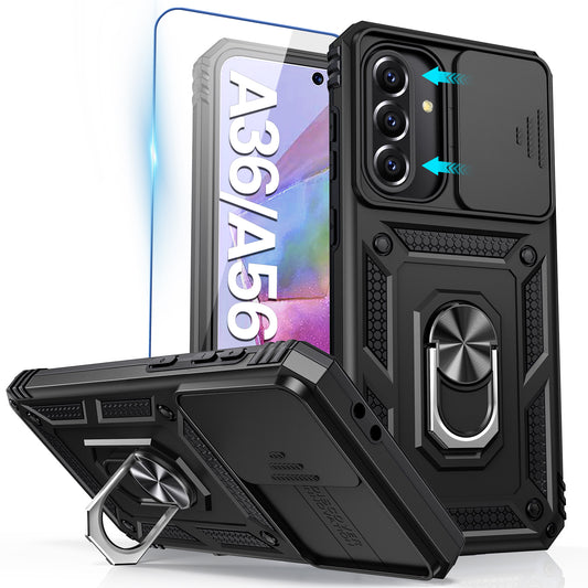 Tensea Compatible with Samsung Galaxy A36 A56 5G Case with Camera Cover & 360° Kickstand Ring with Tempered Glass Screen Protector, Military Grade Shockproof Protective Bumper Cover for A36 A56 5G 4G
