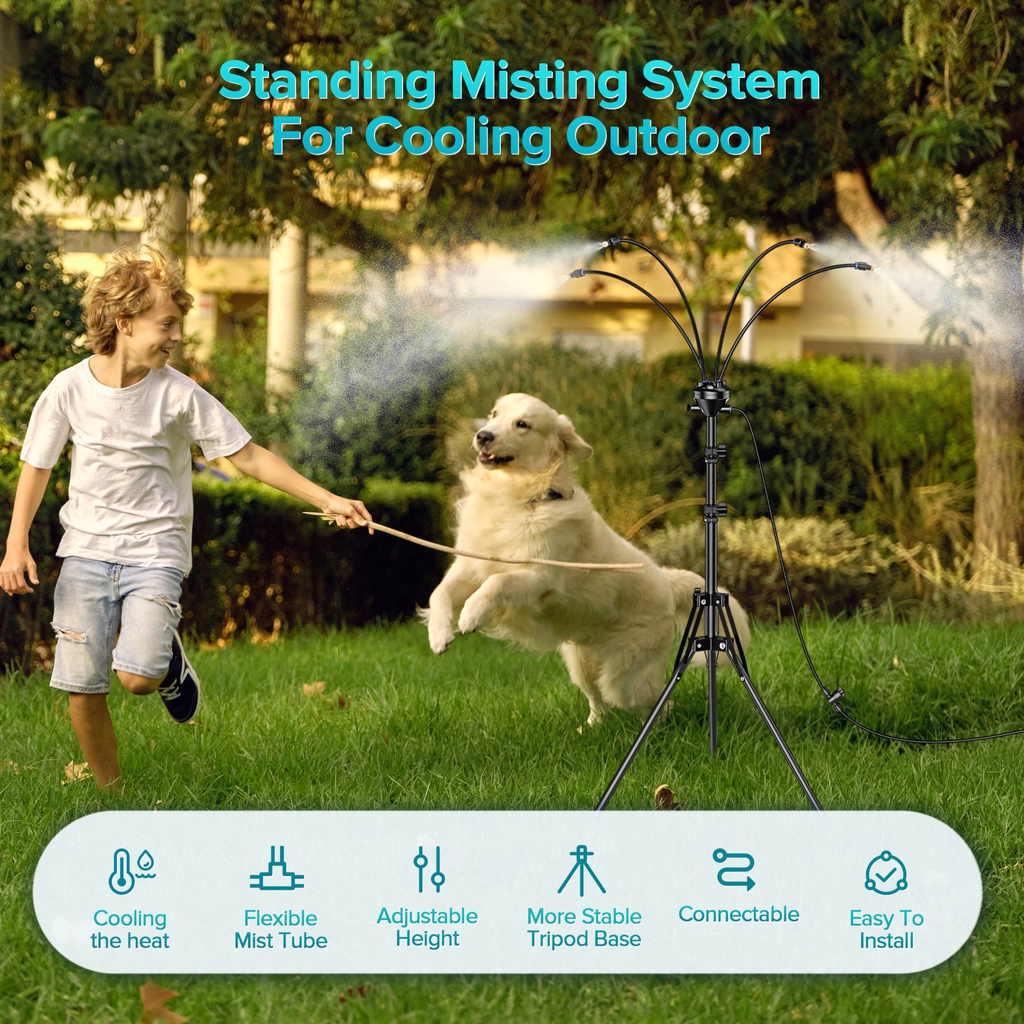 Tensea Upgrade Standing Misters for Outside Patio, Adjustable 5.25ft Misting Cooling System with 32.8ft Water Mist Line, Portable Outdoor Misting System with Flexible Spray Tube for Lawn,BBQ,Pet,Kids