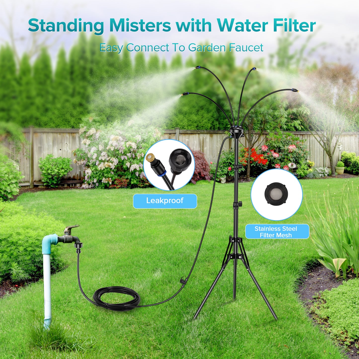 Tensea Upgrade Standing Misters for Outside Patio, Adjustable 5.25ft Misting Cooling System with 32.8ft Water Mist Line, Portable Outdoor Misting System with Flexible Spray Tube for Lawn,BBQ,Pet,Kids