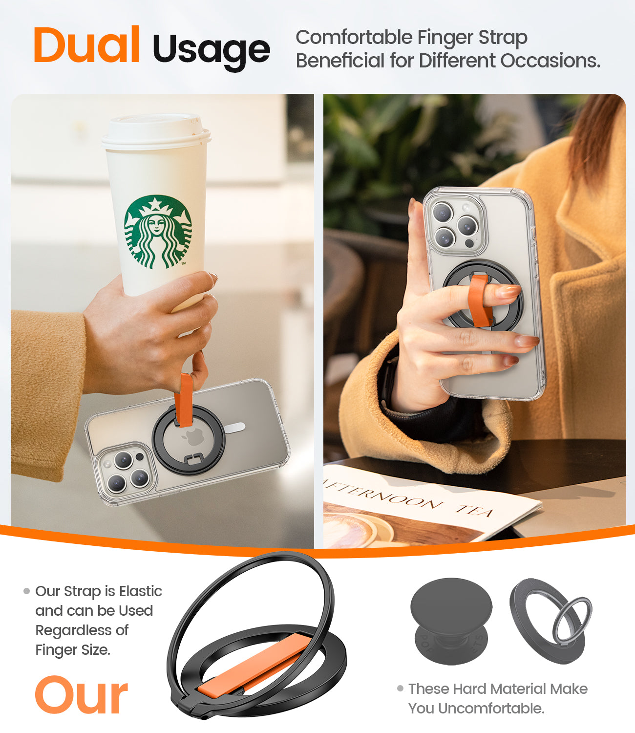 Tensea for MagSafe Phone Grip Ring Holder with Slilicone Strap Loop Magnetic Phone Holder Stand for iPhone 15, 14, 13, 11 Pro Max/Pro/Plus/Mini, Samsung, Google - Orange