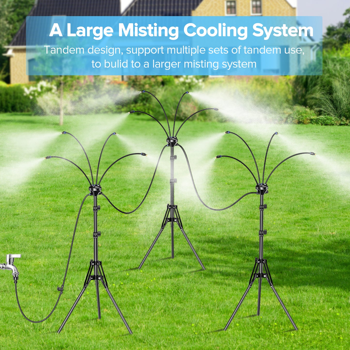 Tensea Upgrade Standing Misters for Outside Patio, Adjustable 5.25ft Misting Cooling System with 32.8ft Water Mist Line, Portable Outdoor Misting System with Flexible Spray Tube for Lawn,BBQ,Pet,Kids