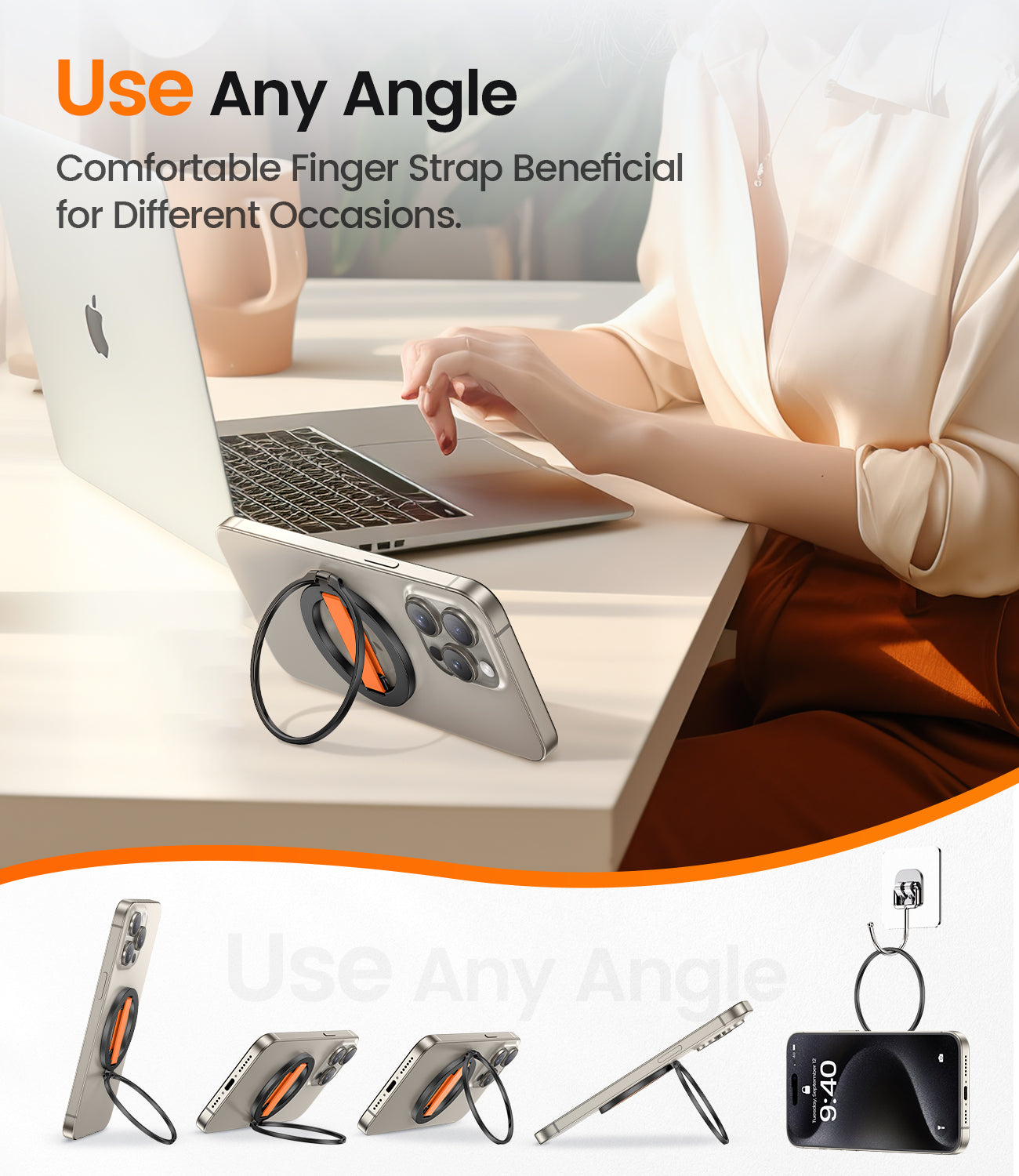 Tensea for MagSafe Phone Grip Ring Holder with Slilicone Strap Loop Magnetic Phone Holder Stand for iPhone 15, 14, 13, 11 Pro Max/Pro/Plus/Mini, Samsung, Google - Orange