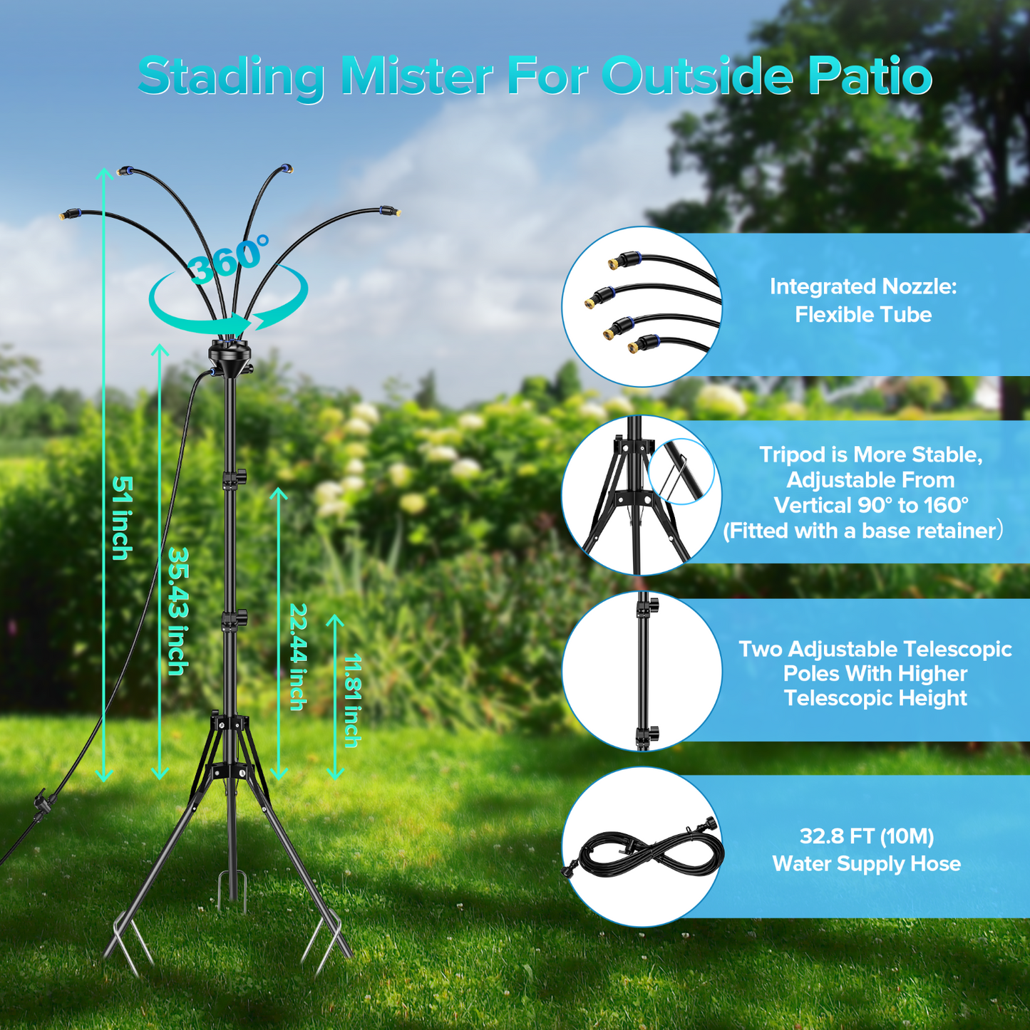 Tensea Upgrade Standing Misters for Outside Patio, Adjustable 5.25ft Misting Cooling System with 32.8ft Water Mist Line, Portable Outdoor Misting System with Flexible Spray Tube for Lawn,BBQ,Pet,Kids