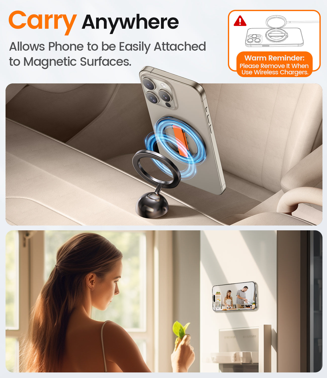 Tensea for MagSafe Phone Grip Ring Holder with Slilicone Strap Loop Magnetic Phone Holder Stand for iPhone 15, 14, 13, 11 Pro Max/Pro/Plus/Mini, Samsung, Google - Orange