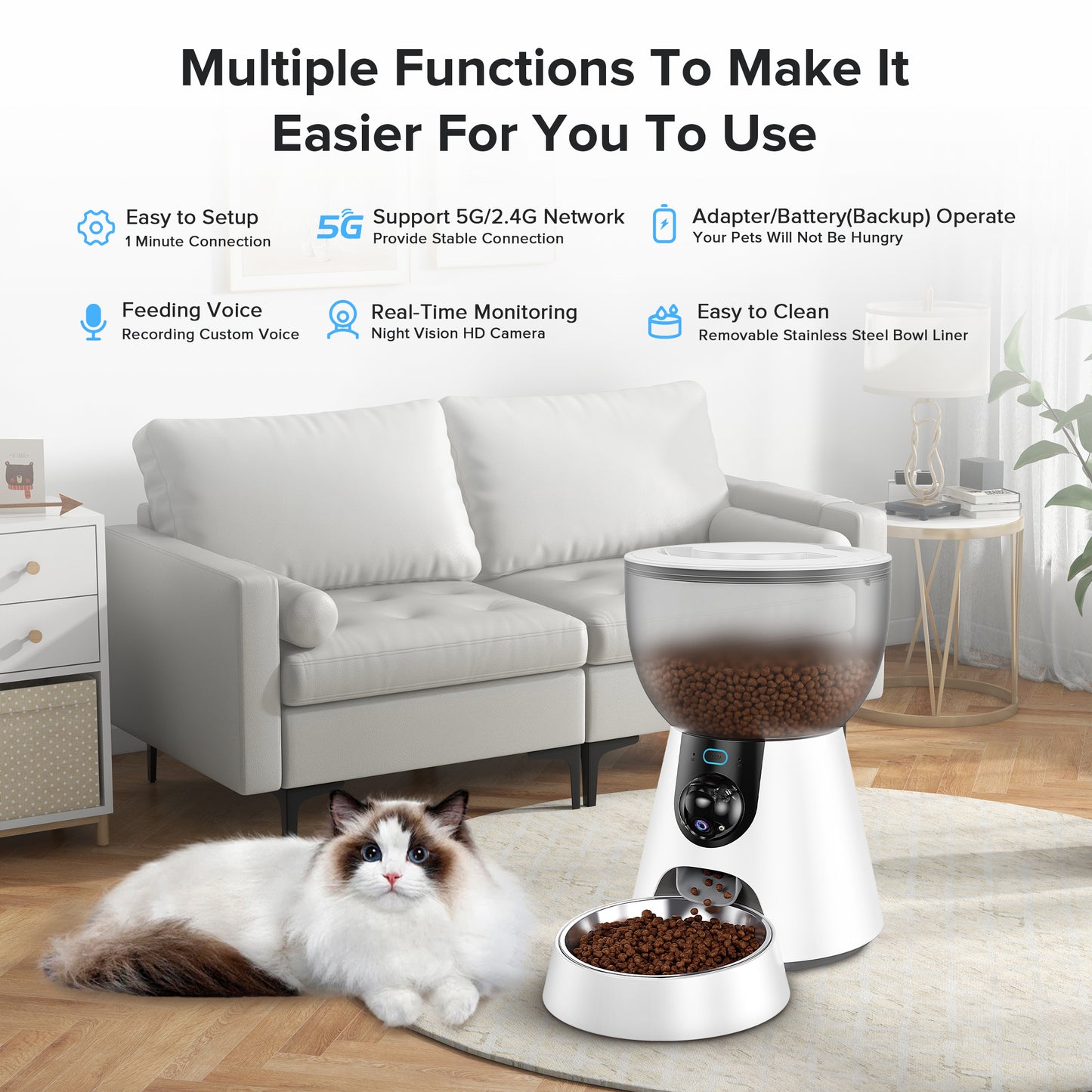 Tensea Automatic Cat/Dog Feeder with Camera, Auto Pet Feeder with Timer Programmable, 2.4G&5G WiFi, 2-Way Audio,,1080P HD Video with Night Vision