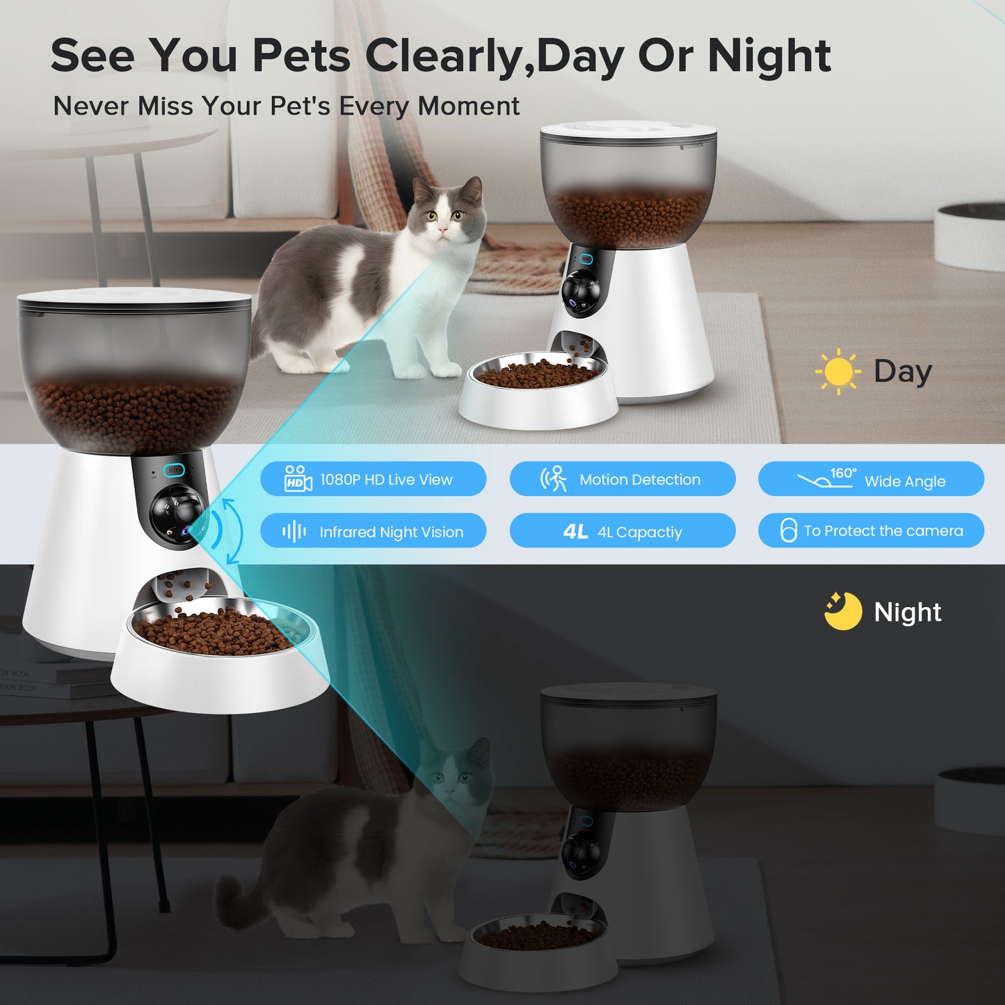 Tensea Automatic Cat/Dog Feeder with Camera, Auto Pet Feeder with Timer Programmable, 2.4G&5G WiFi, 2-Way Audio,,1080P HD Video with Night Vision