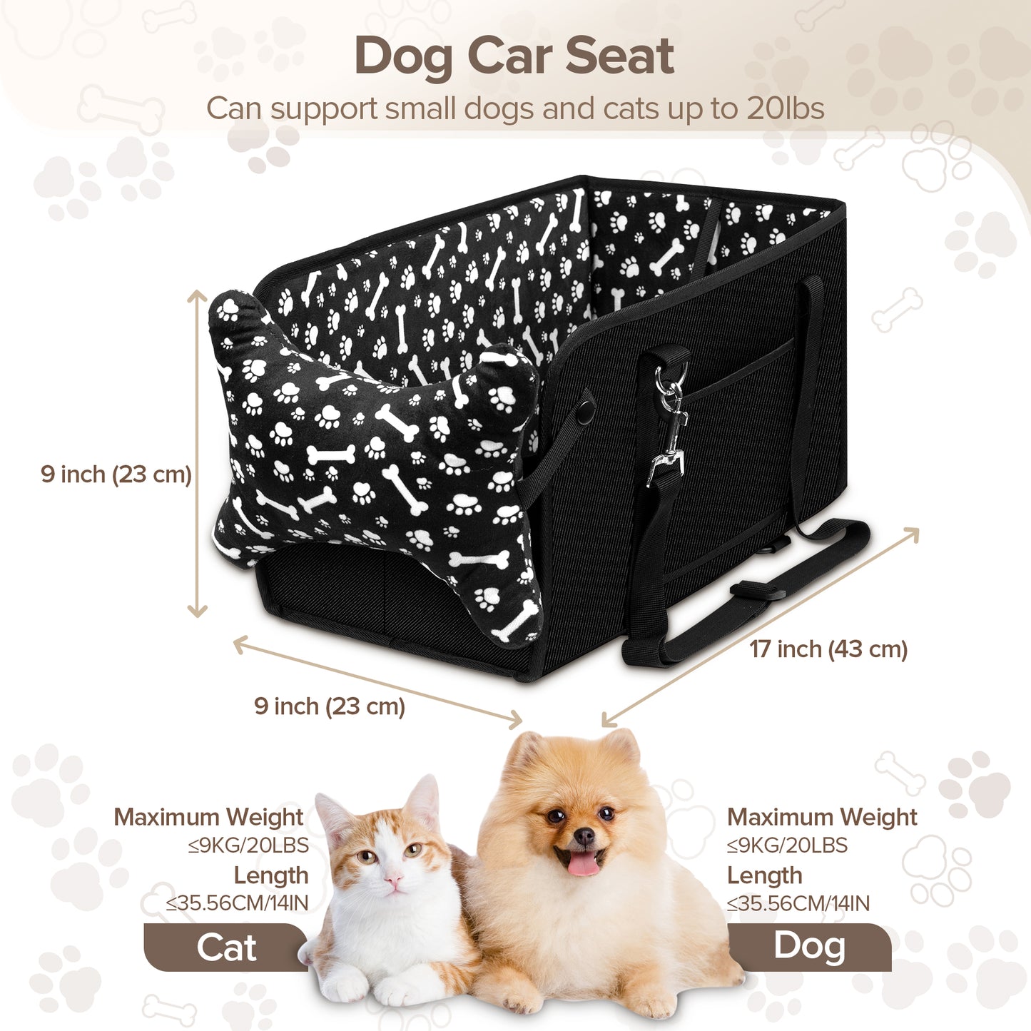 Tensea Dog Car Seat for Small Dogs,Center Console Dog Car Seat Support Up to 20lbs,Portable Anti-Collapse Puppy Car Seat,Pet Car Seat with Soft Cushion&Safety Belt&Storage Pockets