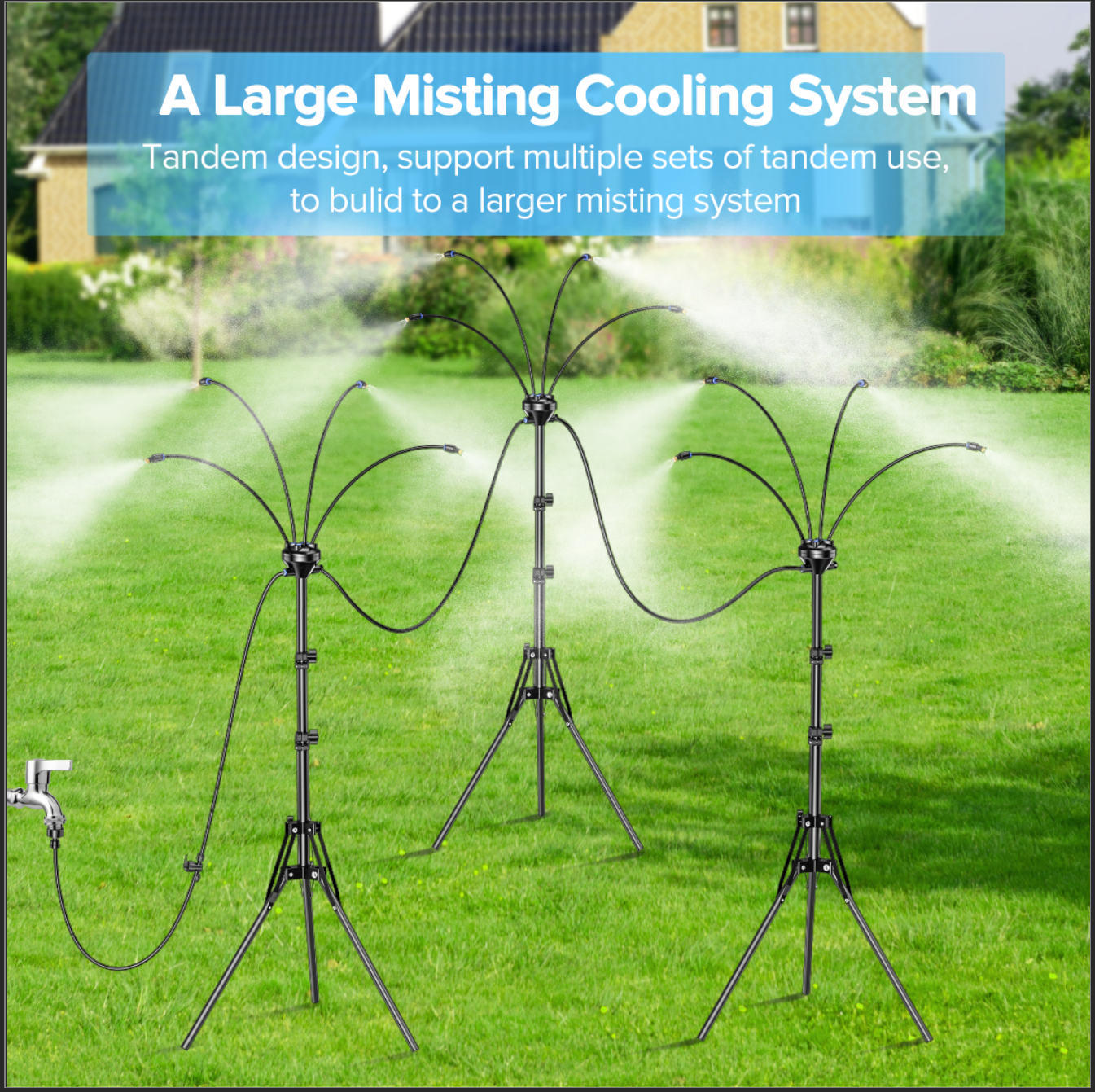 Tensea Upgrade Standing Misters for Outside Patio, Adjustable 5.25ft Misting Cooling System with 32.8ft Water Mist Line, Portable Outdoor Misting System with Flexible Spray Tube for Lawn,BBQ,Pet,Kids